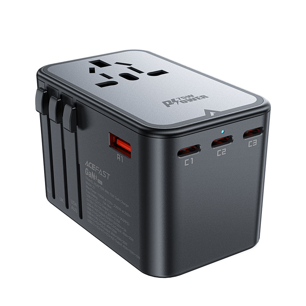 Chargeur Réseau Acefast Travel Z1, 75W, 3.35A, 2 x USB-A - 3 x USB-C, Noir