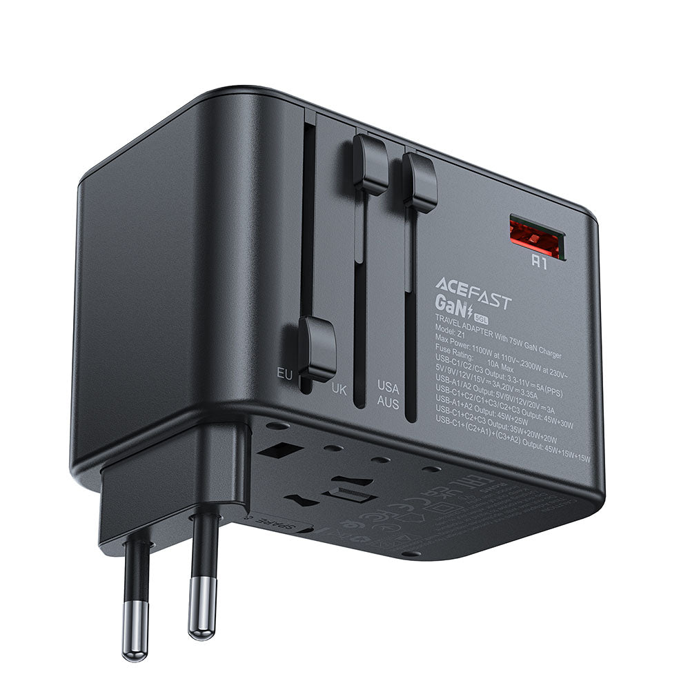 Chargeur Réseau Acefast Travel Z1, 75W, 3.35A, 2 x USB-A - 3 x USB-C, Noir