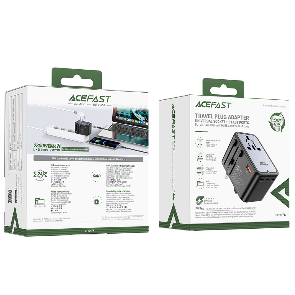 Chargeur Réseau Acefast Travel Z1, 75W, 3.35A, 2 x USB-A - 3 x USB-C, Noir