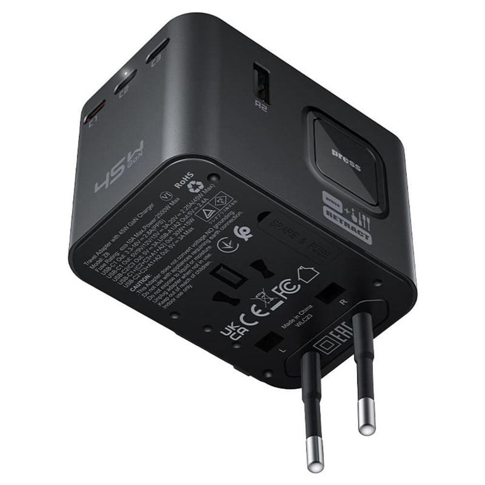 Chargeur réseau Acefast Z8 Travel, 45W, 3A, 2 x USB-A - 3 x USB-C, Noir