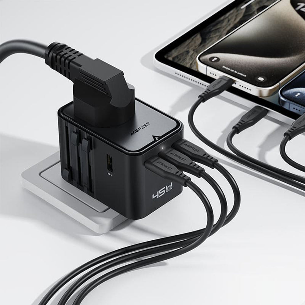 Chargeur réseau Acefast Z8 Travel, 45W, 3A, 2 x USB-A - 3 x USB-C, Noir
