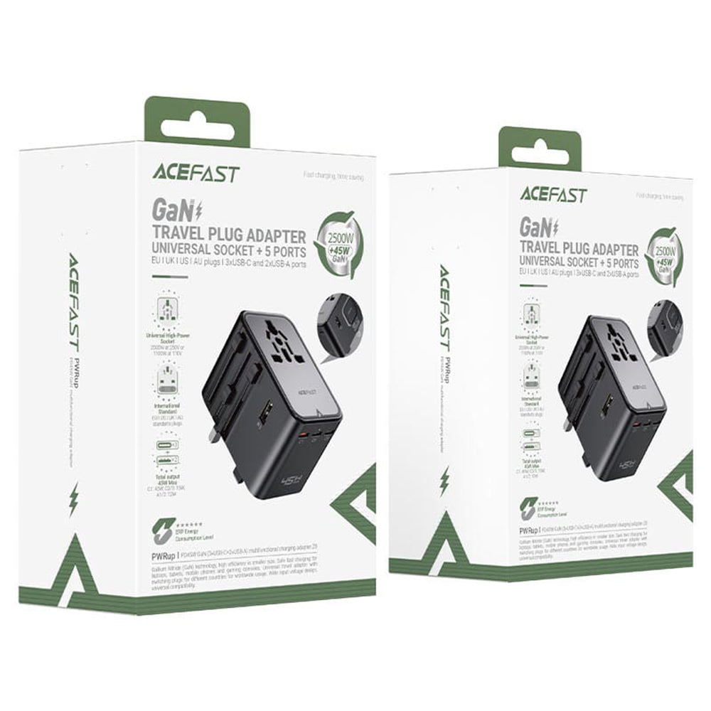 Chargeur réseau Acefast Z8 Travel, 45W, 3A, 2 x USB-A - 3 x USB-C, Noir