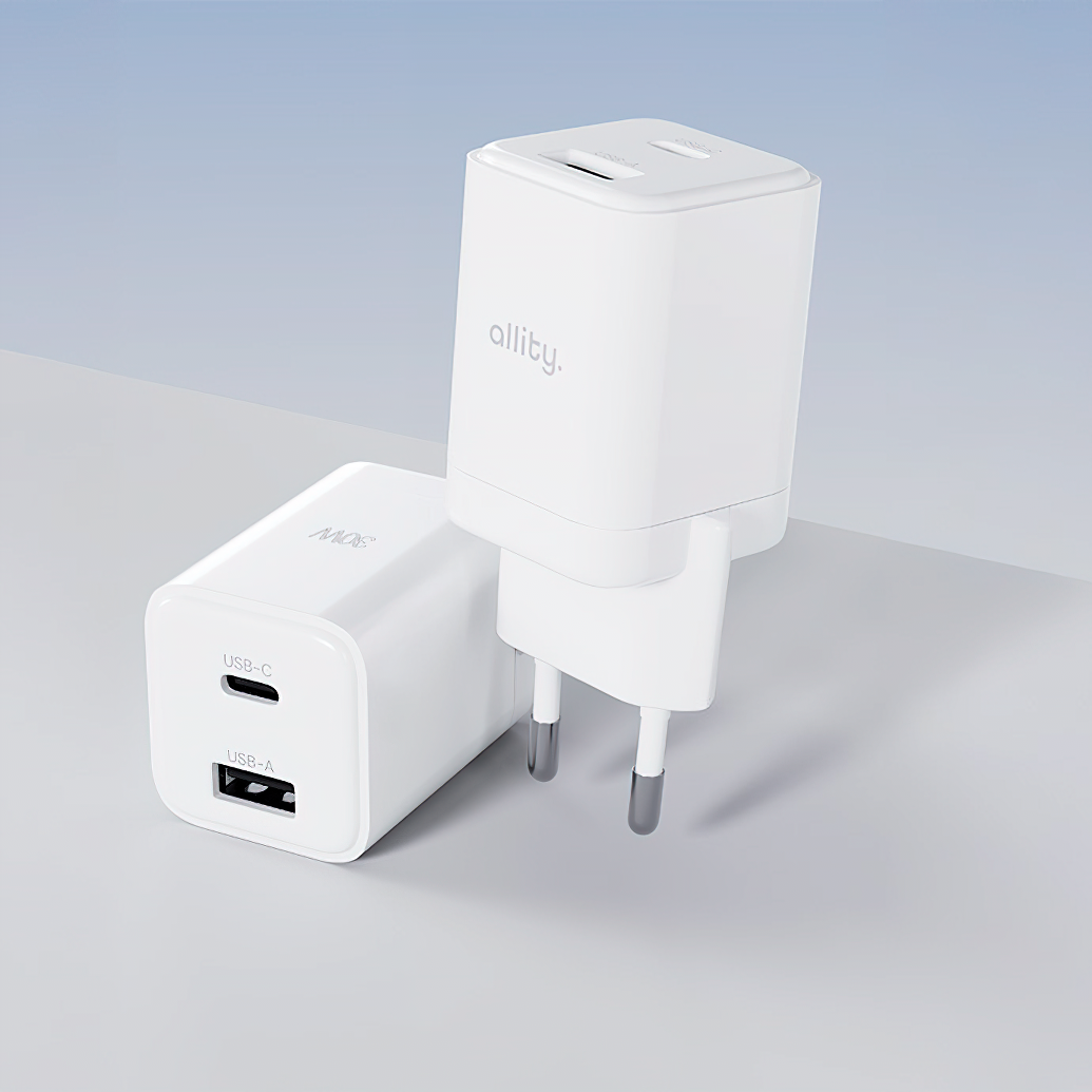 Caricabatterie Rete Allity. ATC-01-30WAC Mini, 30W, 3A, 1 x USB-A - 1 x USB-C, Bianco