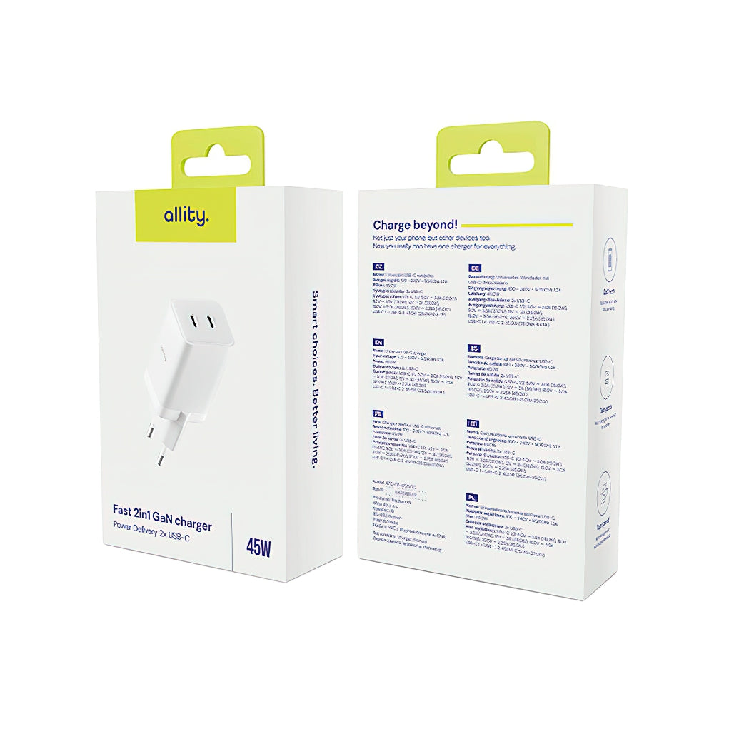 Caricabatterie Rete Allity. ATC-01-45WCC Fast, 45W, 3A, 2 x USB-C, Bianco