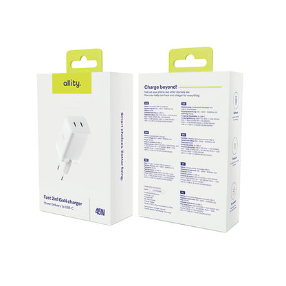 Caricabatterie Rete Allity. ATC-01-45WCC Fast, 45W, 3A, 2 x USB-C, Bianco