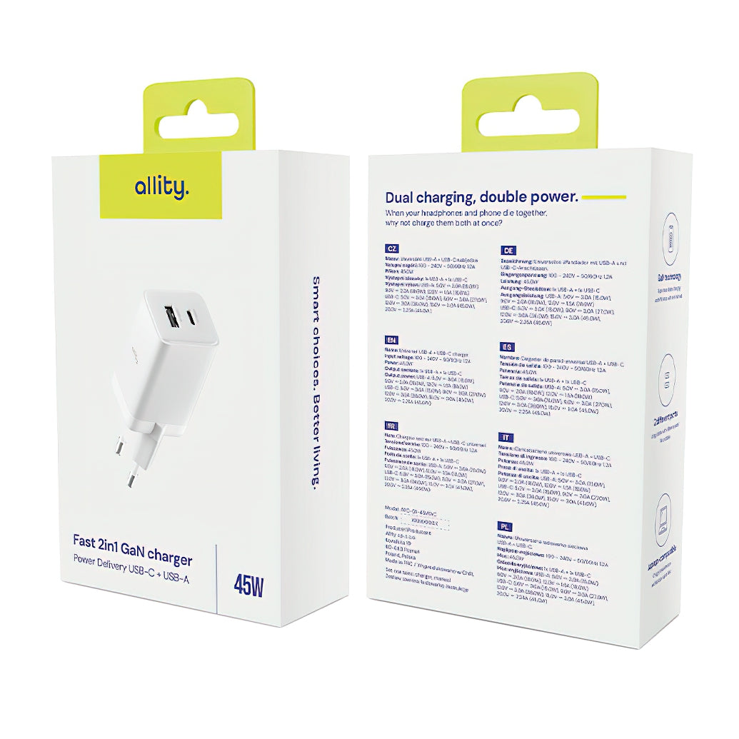 Caricabatterie Rete Allity. ATC-01-45WCC Fast, 45W, 3A, 1 x USB-A - 1 x USB-C, Bianco