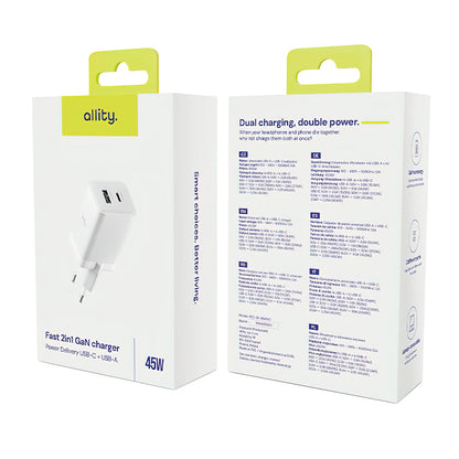 Caricabatterie Rete Allity. ATC-01-45WCC Fast, 45W, 3A, 1 x USB-A - 1 x USB-C, Bianco