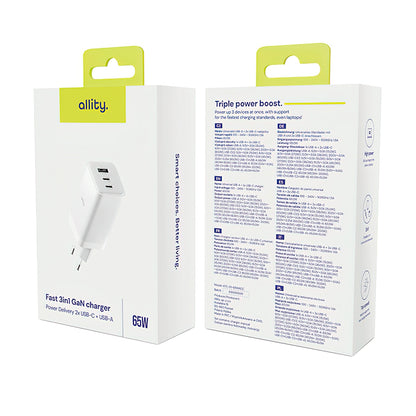 Chargeur Réseau Allity. ATC-01-65WACC Rapide, 65W, 3.25A, 1 x USB-A - 2 x USB-C, Blanc