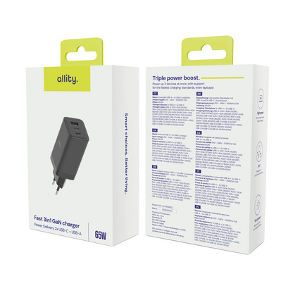 Caricabatterie Rete Allity. ATC-01-65WACC Fast, 65W, 3.25A, 1 x USB-A - 2 x USB-C, Nero