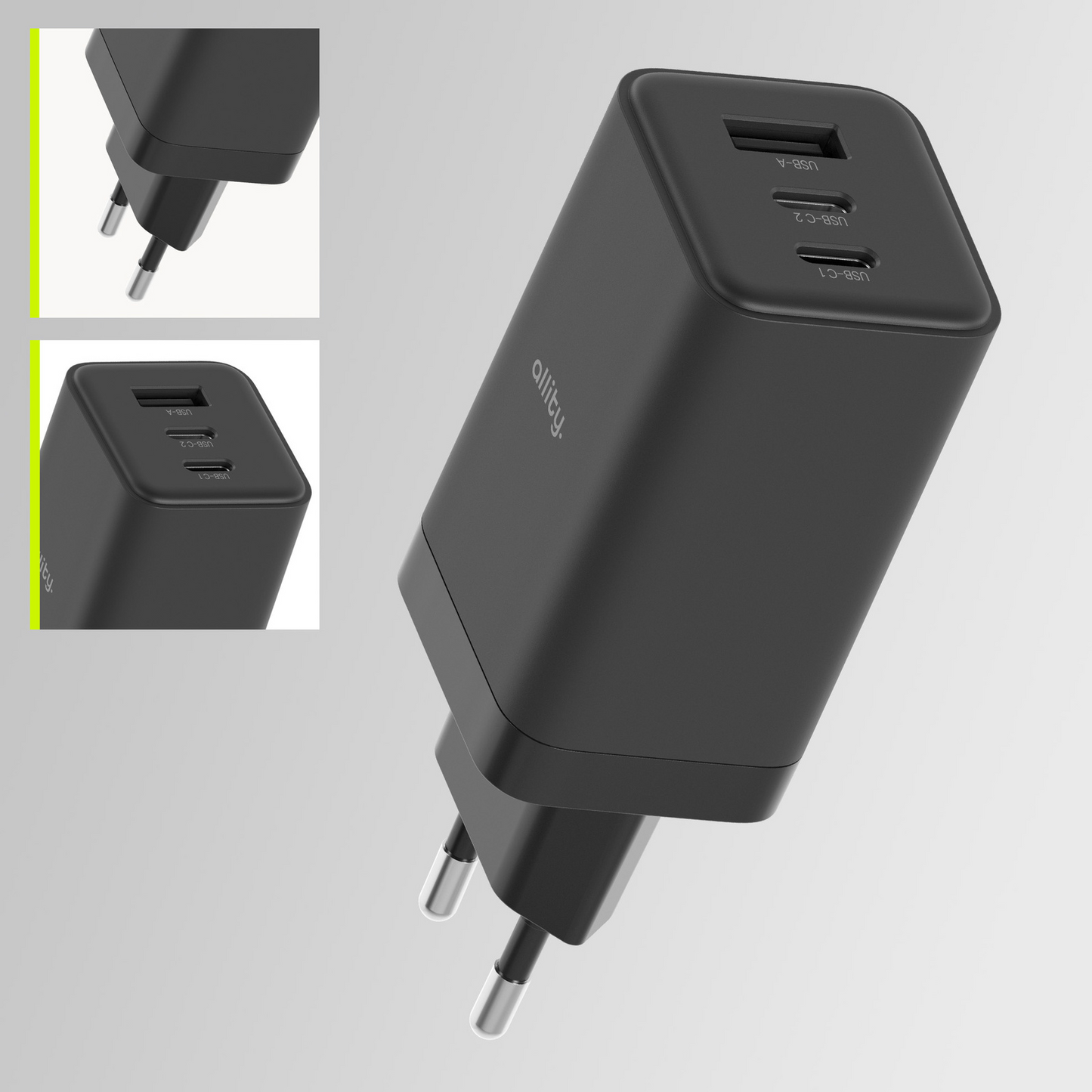 Caricabatterie Rete Allity. ATC-01-65WACC Fast, 65W, 3.25A, 1 x USB-A - 2 x USB-C, Nero