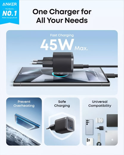 Chargeur secteur Anker Nano, 45W, 3A, 1 x USB-C, Noir A2692L11