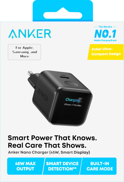 Chargeur secteur Anker Nano Display, 45W, 3A, 1 x USB-C, Noir A121DG11