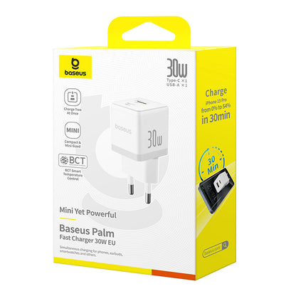 Chargeur Réseau Baseus Palm, 30W, 3A, 1 x USB-A - 1 x USB-C, Blanc P1011160A213-00