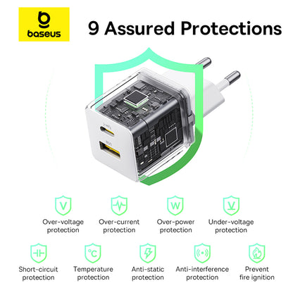 Chargeur Réseau Baseus Palm, 30W, 3A, 1 x USB-A - 1 x USB-C, Blanc P1011160A213-00
