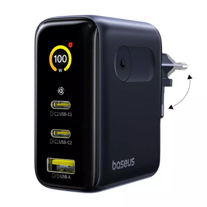Caricatore da rete Baseus PicoGo AE21 Display, 100W, 5A, 1 x USB-A - 2 x USB-C, Nero E0121B00