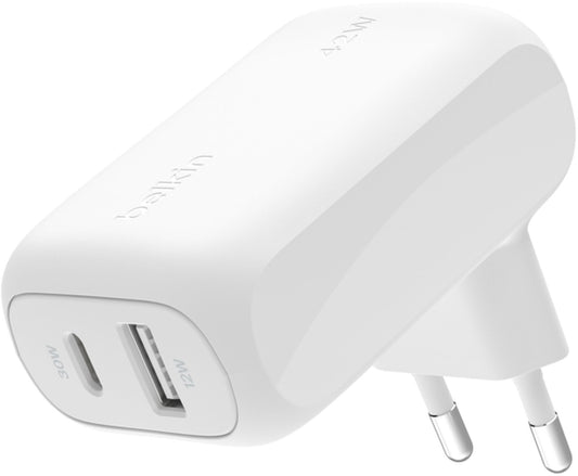 Chargeur secteur Belkin BoostCharge Dual, 42W, 3A, 1 x USB-A - 1 x USB-C, Blanc WCB009vfWH