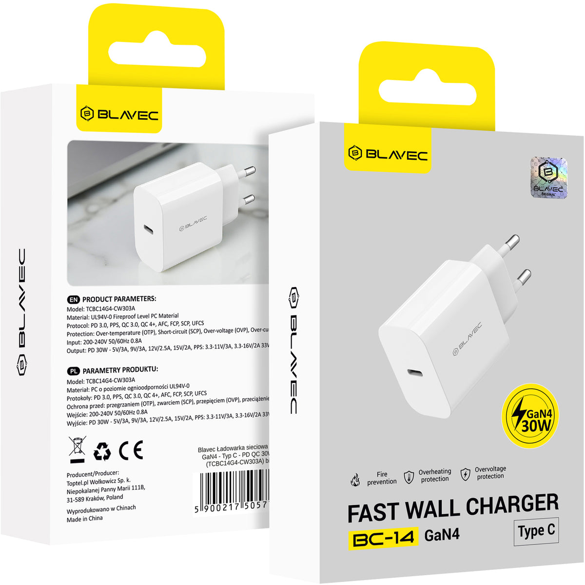 Caricabatterie da rete Blavec BC-14, 30 W, 3 A, 1 x USB-C, bianco