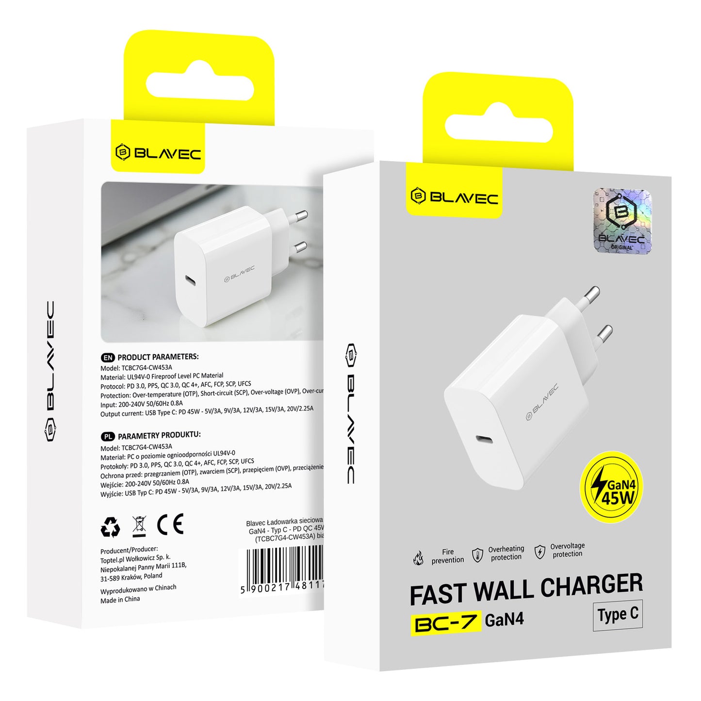 Netzladegerät Blavec BC-7, 45W, 3A, 1 x USB-C, Weiß