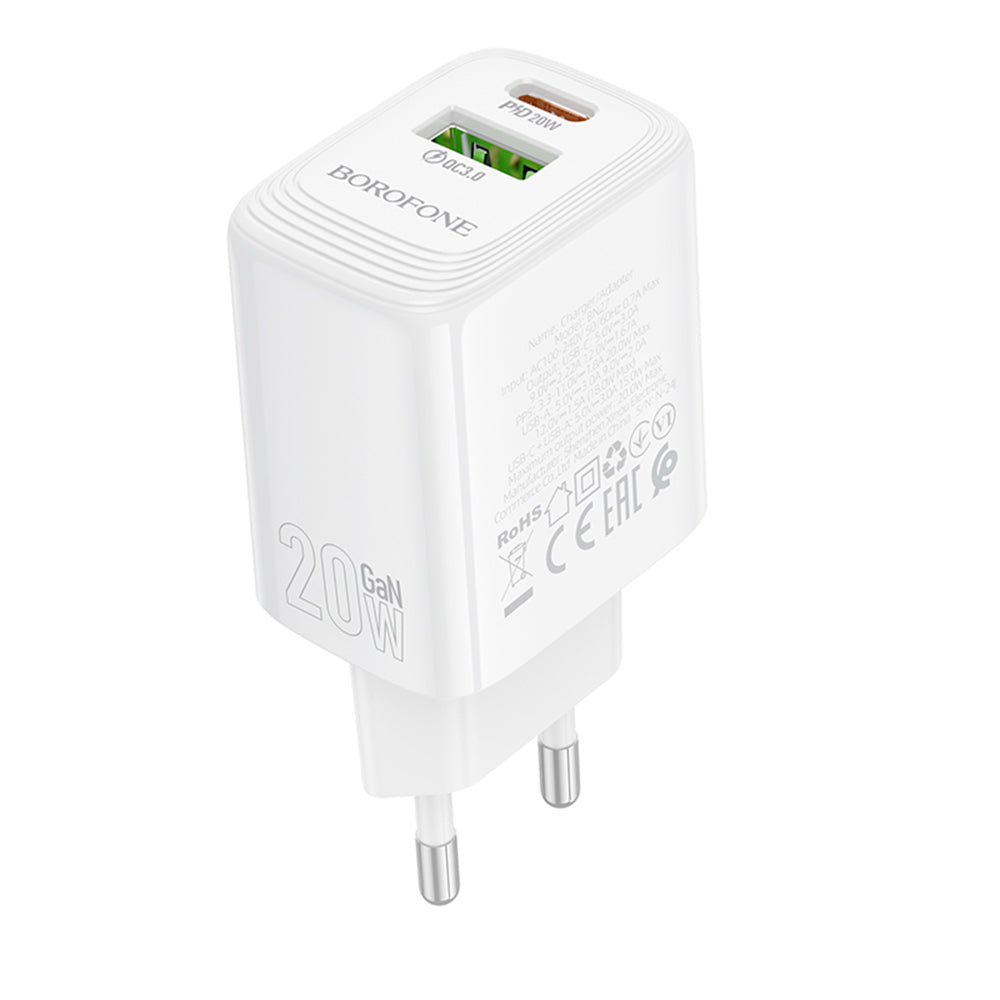 Chargeur Réseau Borofone BN27 Fuente, 20W, 3A, 1 x USB-A - 1 x USB-C, Blanc