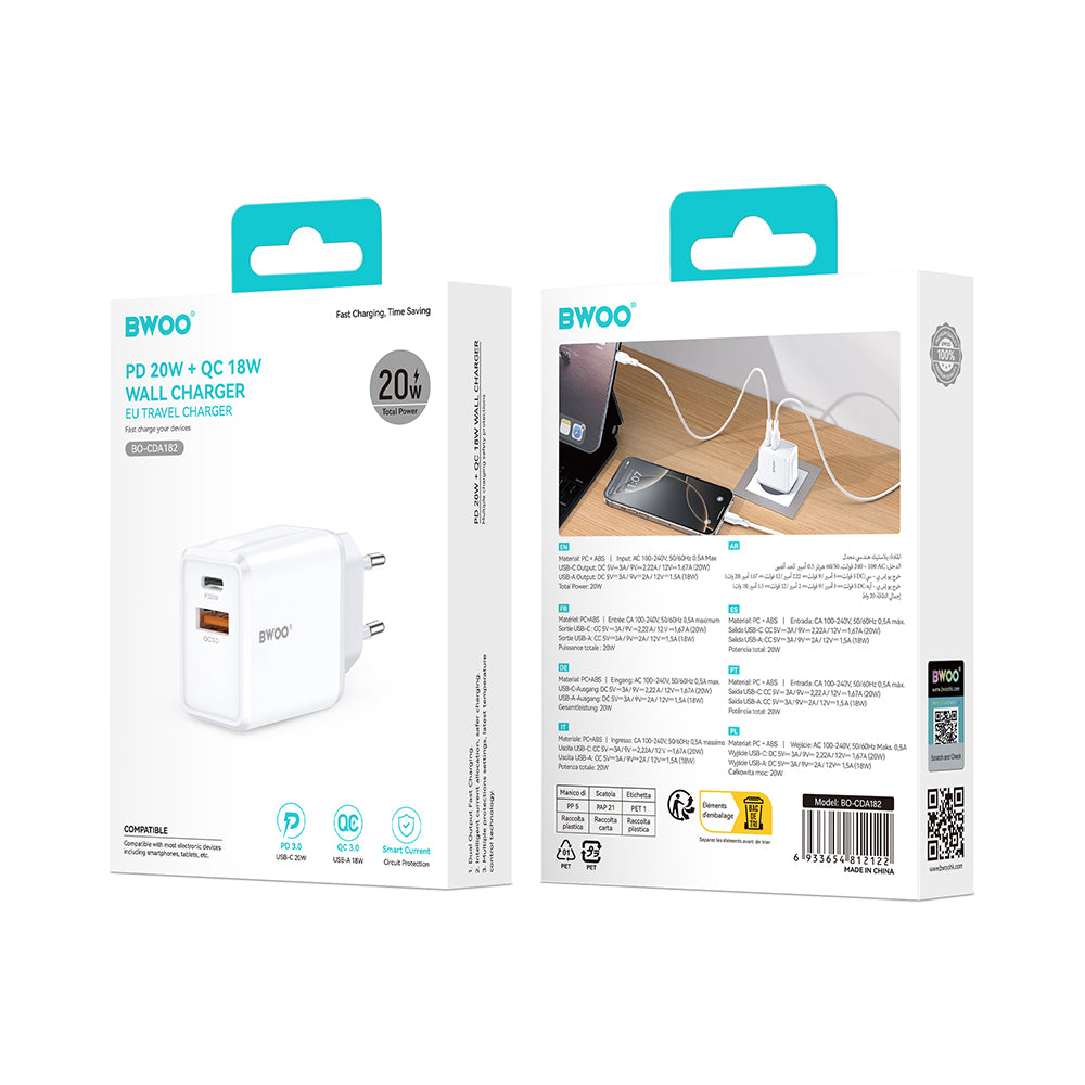 BWOO CDA182 Network Charger, 38W, 3A, 1 x USB-A - 1 x USB-C, White