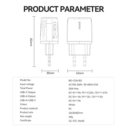 BWOO CDA182 Network Charger, 38W, 3A, 1 x USB-A - 1 x USB-C, White