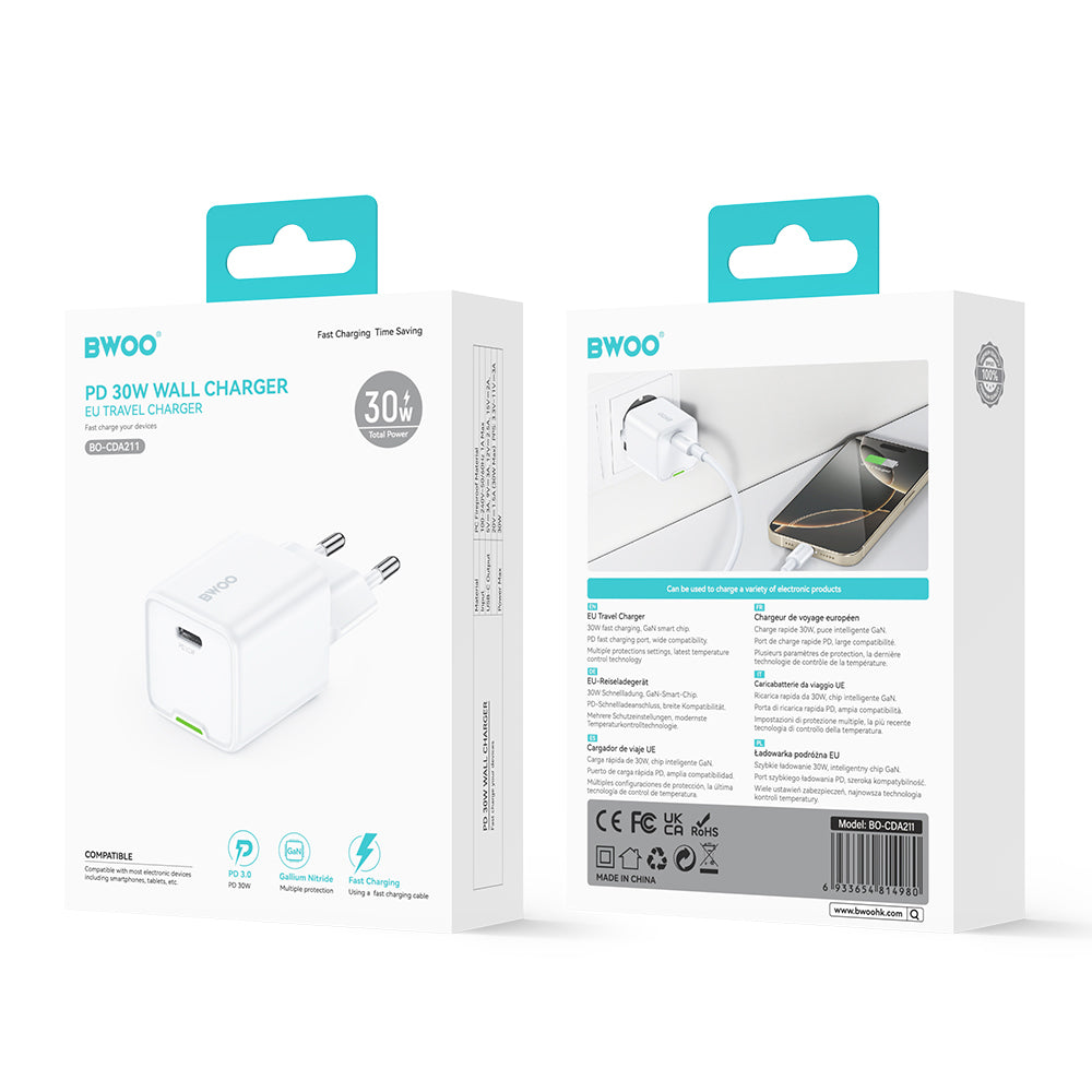 Netzladegerät BWOO CDA211, 30W, 3A, 1 x USB-C, Weiß