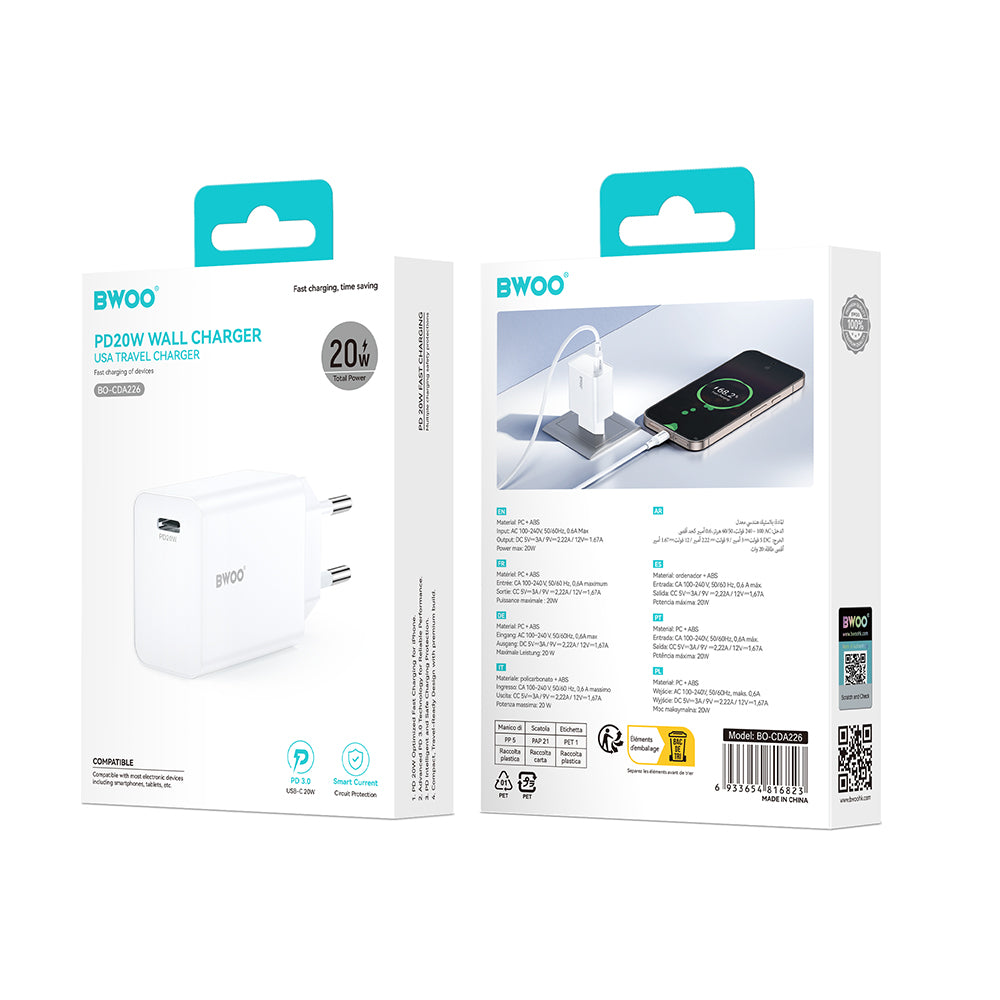 Chargeur Réseau BWOO CDA226, 20W, 3A, 1 x USB-C, Blanc