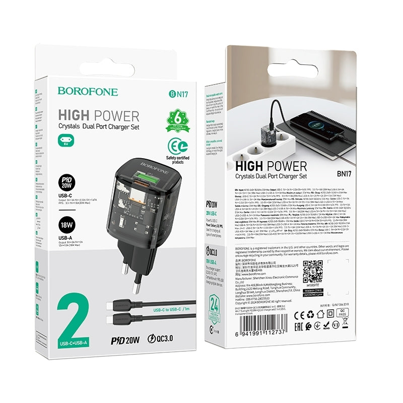 Caricabatterie da rete con cavo USB-C Borofone BN17 Sunlight, 20W, 3A, 1 x USB-A - 1 x USB-C, Nero