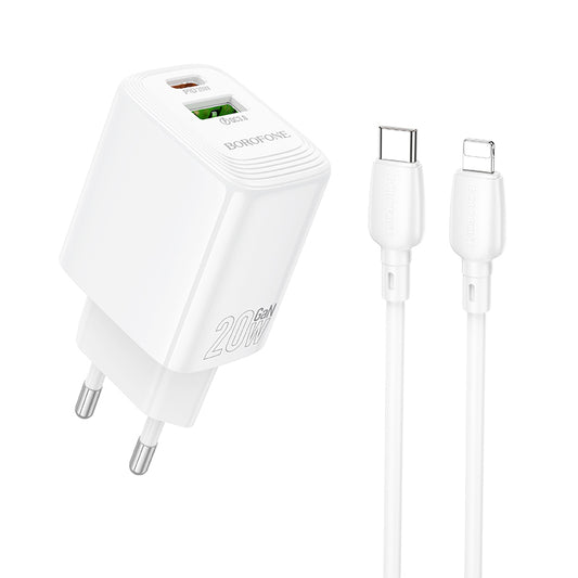 Caricabatterie da rete con cavo Lightning Borofone BN27 Fuente, 20W, 3A, 1 x USB-A - 1 x USB-C, Bianco