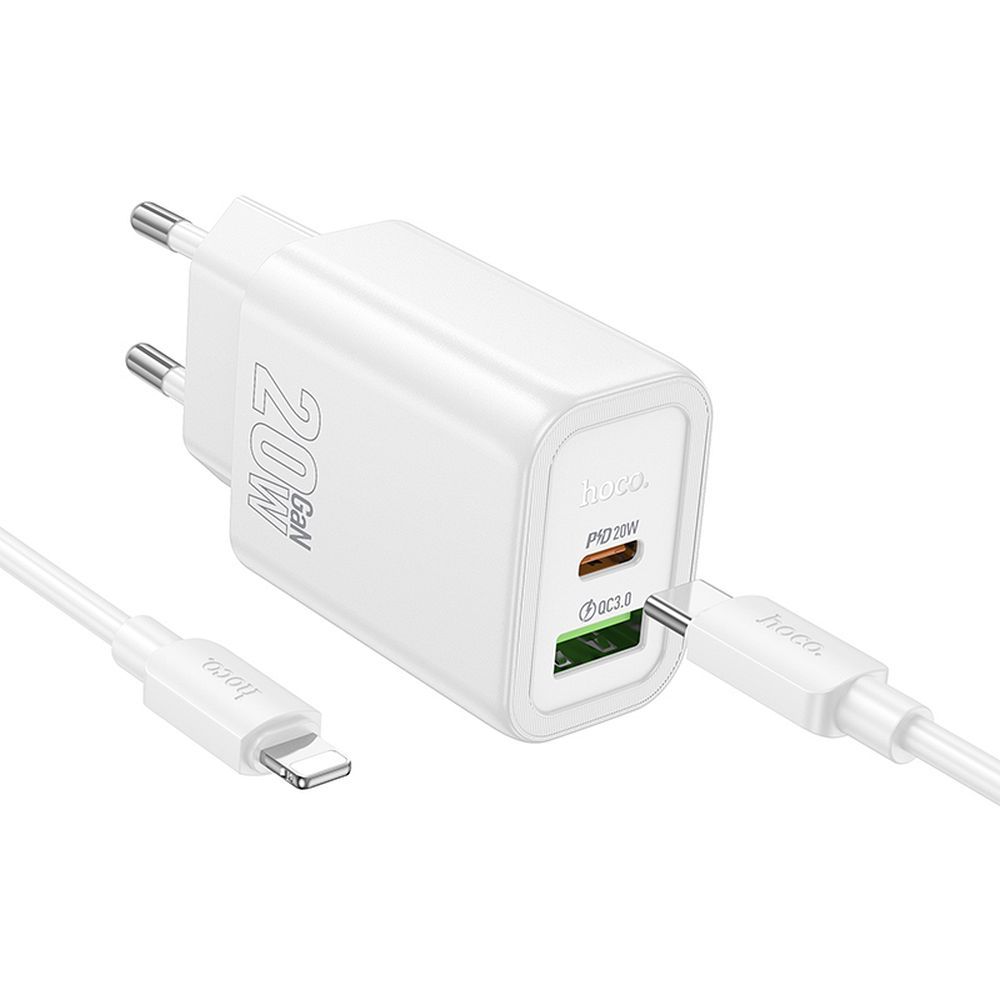 Chargeur réseau avec câble Lightning HOCO N61, 20W, 3A, 1 x USB-A - 1 x USB-C, Blanc