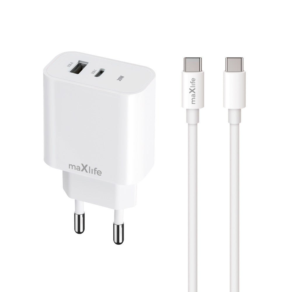 Chargeur réseau avec câble USB-C MaXlife MXTC-06-20AC, 20W, 3A, 1 x USB-A - 1 x USB-C, Blanc