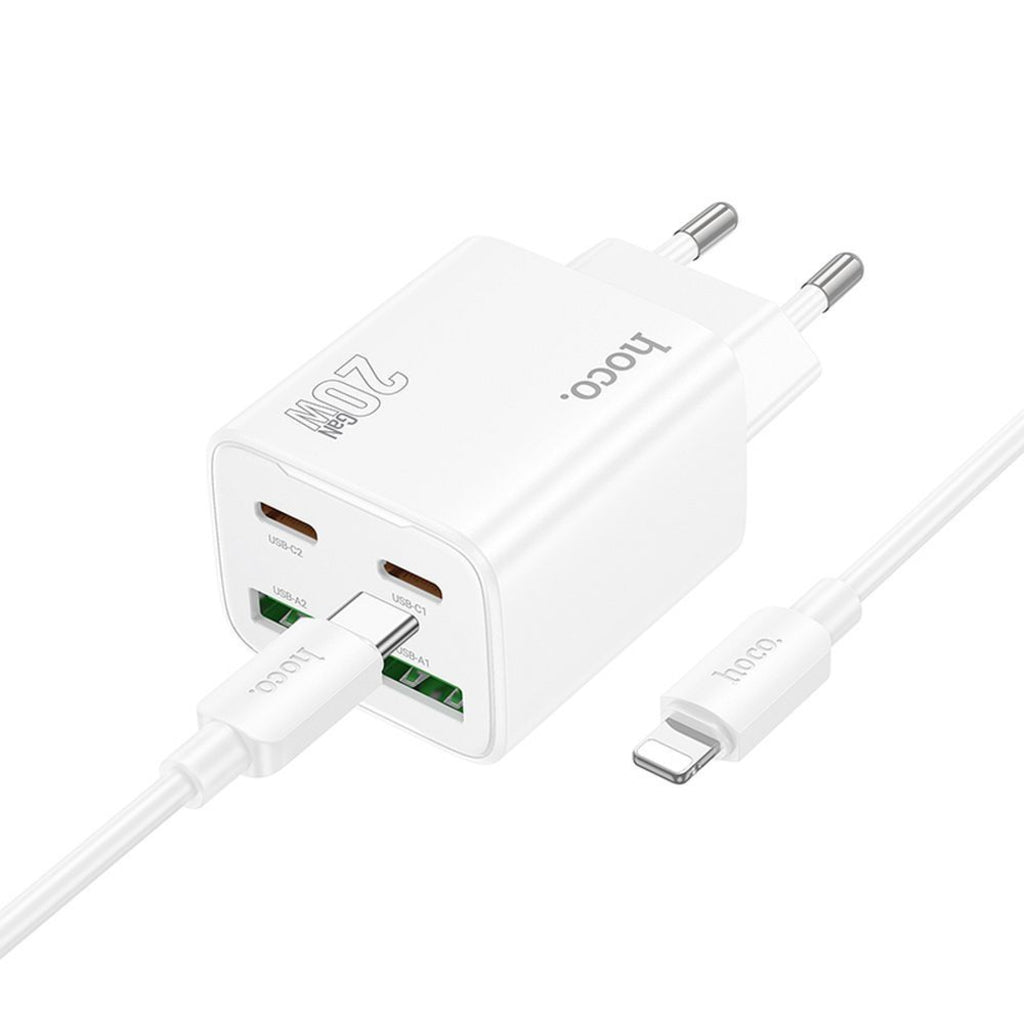 Caricabatterie da Rete con Cavo Lightning HOCO N55, 20W, 3A, 2 x USB-A - 2 x USB-C, Bianco