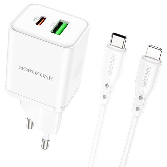 Chargeur réseau avec câble Lightning Borofone BN7, 20W, 3A, 1 x USB-A - 1 x USB-C, Blanc