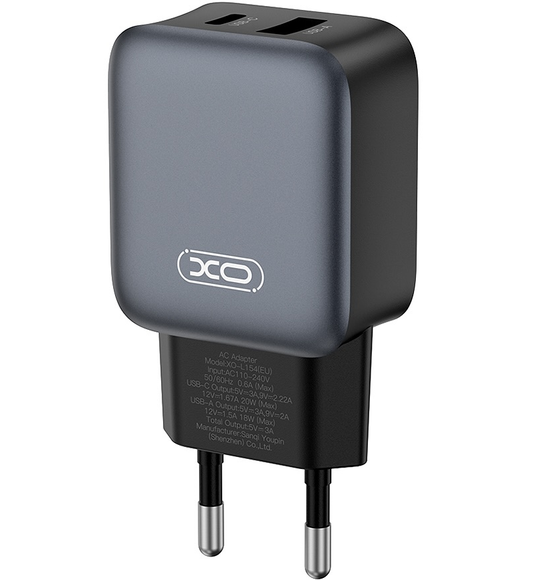 Chargeur Réseau avec Câble Lightning XO Design L154, 20W, 3A, 1 x USB-A - 1 x USB-C, Noir