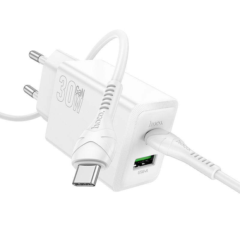 Caricabatterie da Rete con Cavo USB-C HOCO N71, 30W, 3A, 1 x USB-A - 1 x USB-C, Bianco
