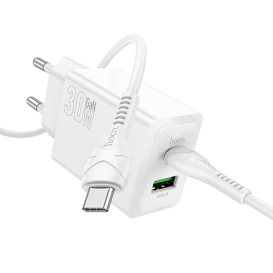 Chargeur réseau avec câble USB-C HOCO N71, 30W, 3A, 1 x USB-A - 1 x USB-C, Blanc