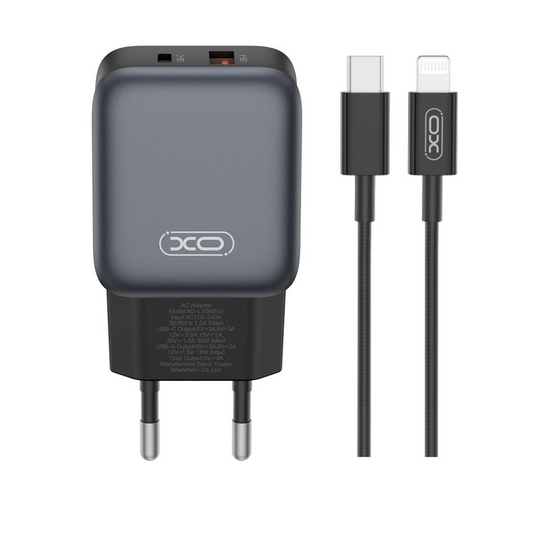 Chargeur réseau avec câble Lightning XO Design L156, 30W, 3A, 1 x USB-A - 1 x USB-C, Noir