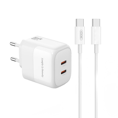 Caricabatterie da Rete con Cavo USB-C XO Design L140, 35W, 3A, 2 x USB-C, Bianco