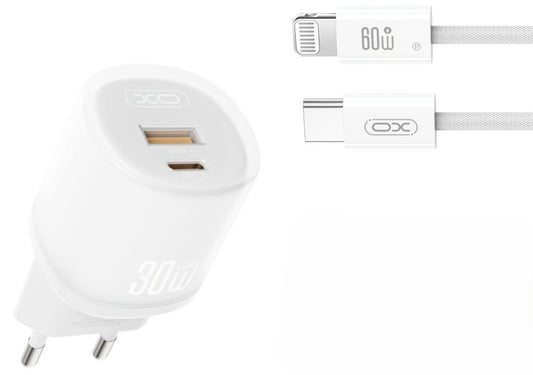 Chargeur réseau avec câble Lightning XO Design L151, 30W, 3A, 1 x USB-A - 1 x USB-C, Blanc