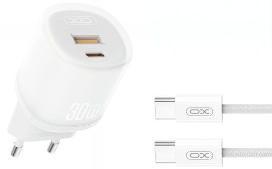 Caricabatterie da Rete con Cavo USB-C XO Design L151, 30W, 3A, 1 x USB-A - 1 x USB-C, Bianco