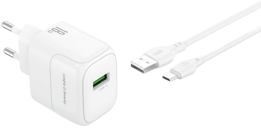 Chargeur réseau avec câble microUSB XO Design L135, 18W, 3A, 1 x USB-A, Blanc