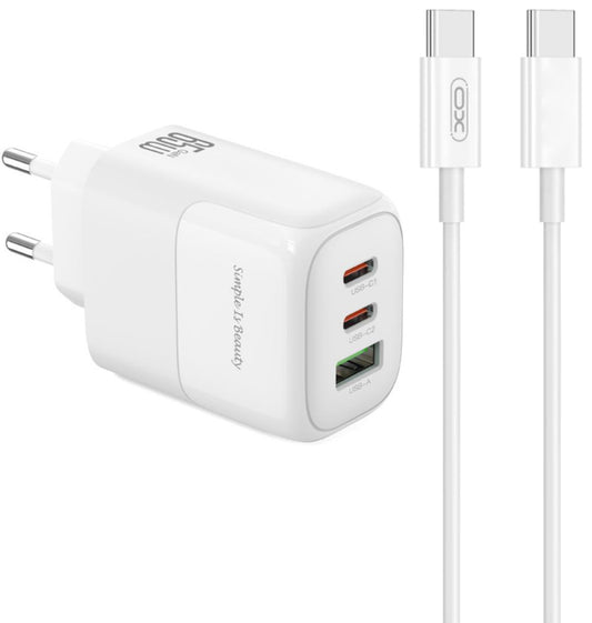 Chargeur réseau avec câble USB-C XO Design L139, 65W, 4.5A, 1 x USB-A - 2 x USB-C, Blanc
