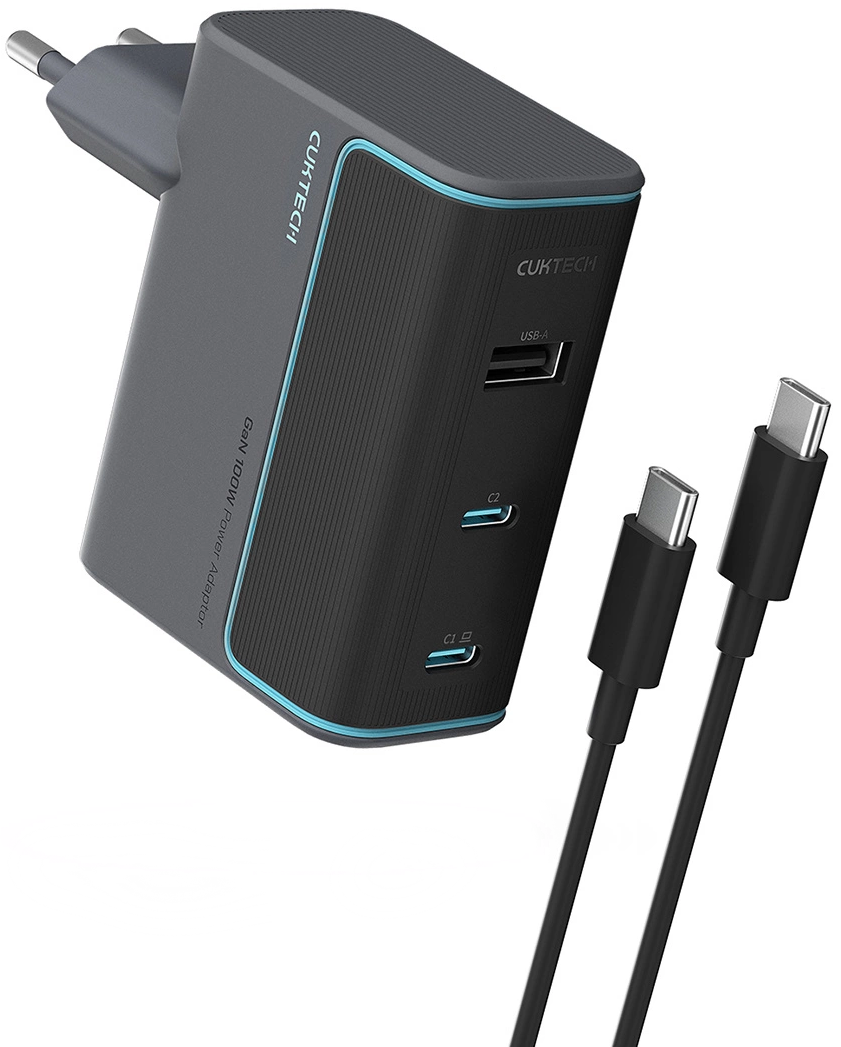 Chargeur réseau avec câble USB-C Cuktech, 100W, 5A, 1 x USB-A - 2 x USB-C, Gris CUKAD1003EUG