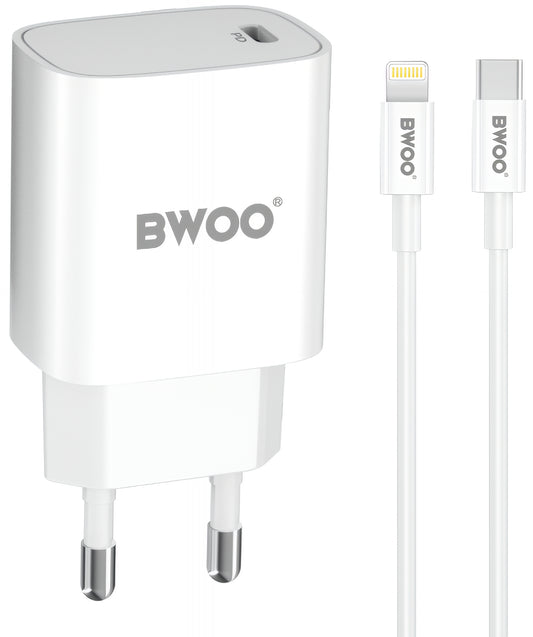 Netzladegerät mit Lightning-Kabel BWOO CDA159, 20W, 3A, 1 x USB-C, Weiß