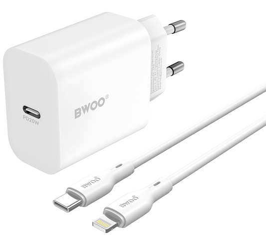 Netzladegerät mit Lightning-Kabel BWOO CDA233, 20W, 3A, 1 x USB-C, Weiß