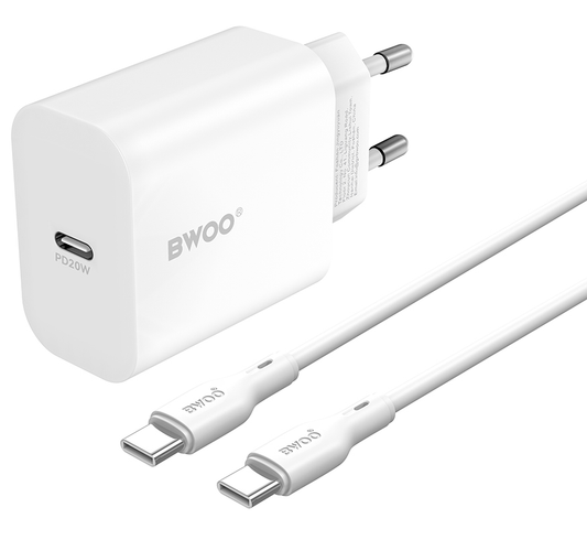 Netzladegerät mit USB-C Kabel BWOO CDA233, 20W, 3A, 1 x USB-C, Weiß