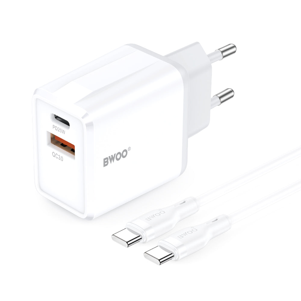 Chargeur réseau avec câble USB-C BWOO CDA182, 38W, 3A, 1 x USB-A - 1 x USB-C, Blanc