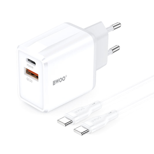 Netzladegerät mit USB-C Kabel BWOO CDA182, 38W, 3A, 1 x USB-A - 1 x USB-C, Weiß