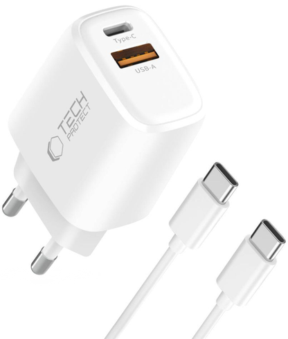Chargeur Secteur avec Câble USB-C Tech-Protect NCA20, 20W, 3A, 1 x USB-A - 1 x USB-C, Blanc
