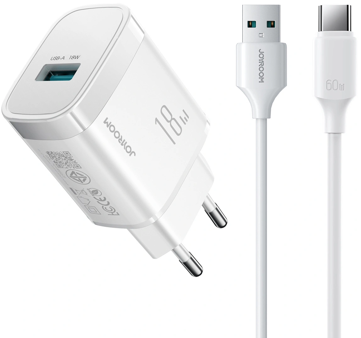 Chargeur secteur avec câble USB-C Joyroom JR-TF4, 18W, 3A, 1 x USB-A, Blanc